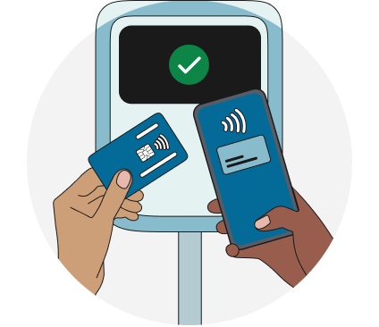 A smart phone and credit card being tapped at a bus fare device