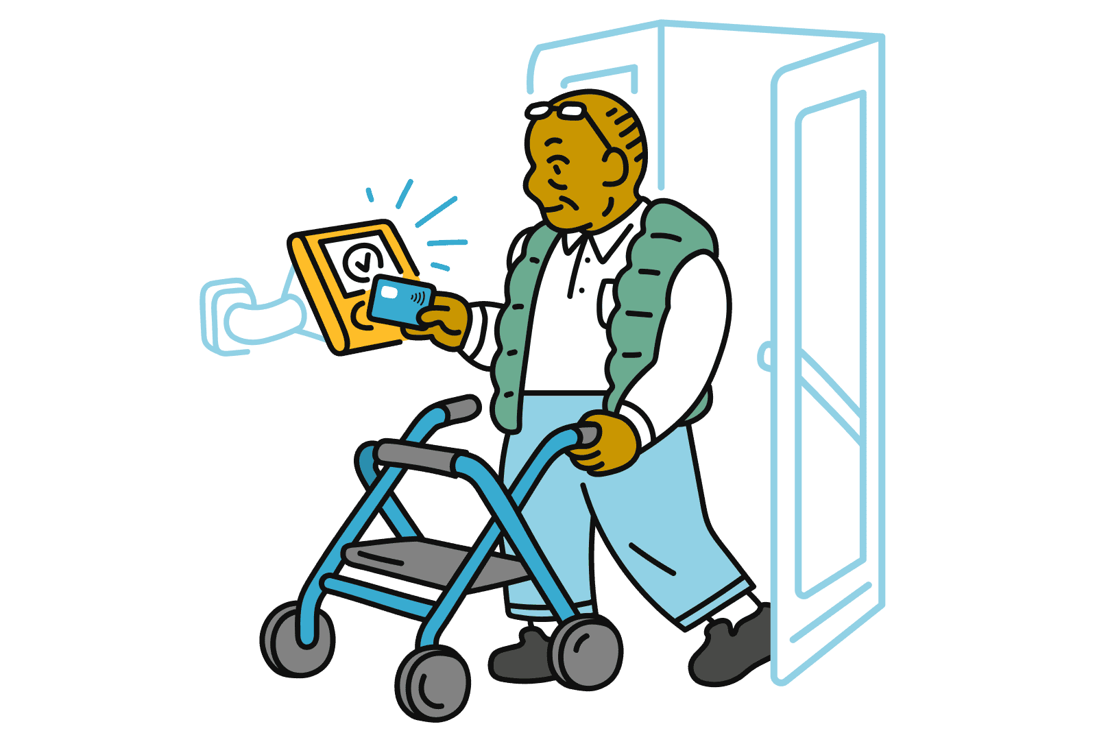 A rider with a walker taps a bank card on a fare validator.