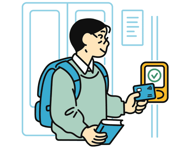 A person taps their card on a fare validator when boarding a bus.