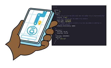 A collage showing a GTFS code snippet alongside a phone screen that shows a bus approaching in real time.