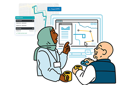 A collage showing route planning software and two transit agency employees adjusting a bus route on a computer.