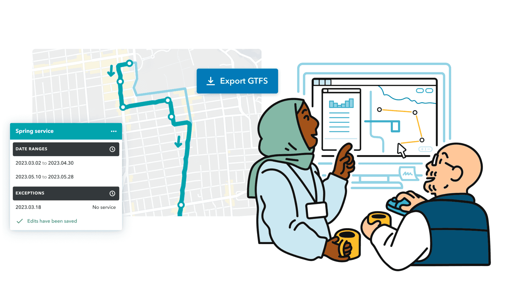 A collage showing route planning software and two transit agency employees adjusting a bus route on a computer.